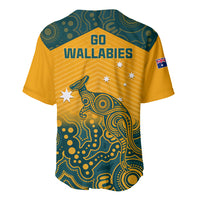 Yellow rugby-style baseball jersey with teal Aboriginal pattern and kangaroo graphic, GO WALLABIES