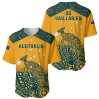 Yellow and teal rugby jersey with Aboriginal kangaroo print, Australia flag badge, V-neck