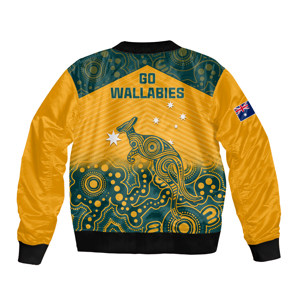 Yellow bomber jacket back with teal Aboriginal print, GO WALLABIES text, flag patch