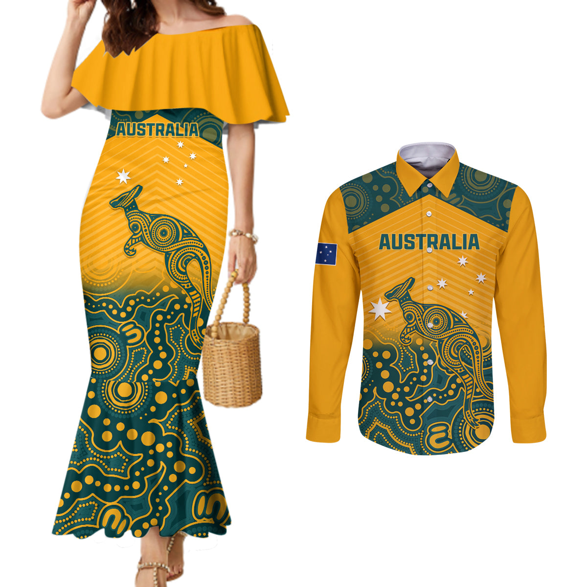 australia-rugby-couples-matching-mermaid-dress-and-long-sleeve-button-shirts-wallabies-aboriginal-pattern