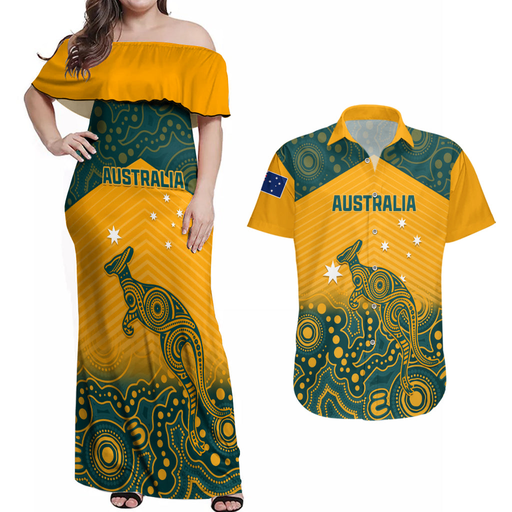 Australia Rugby Couples Matching Off Shoulder Maxi Dress and Hawaiian Shirt Wallabies Aboriginal Pattern - Wonder Print Shop