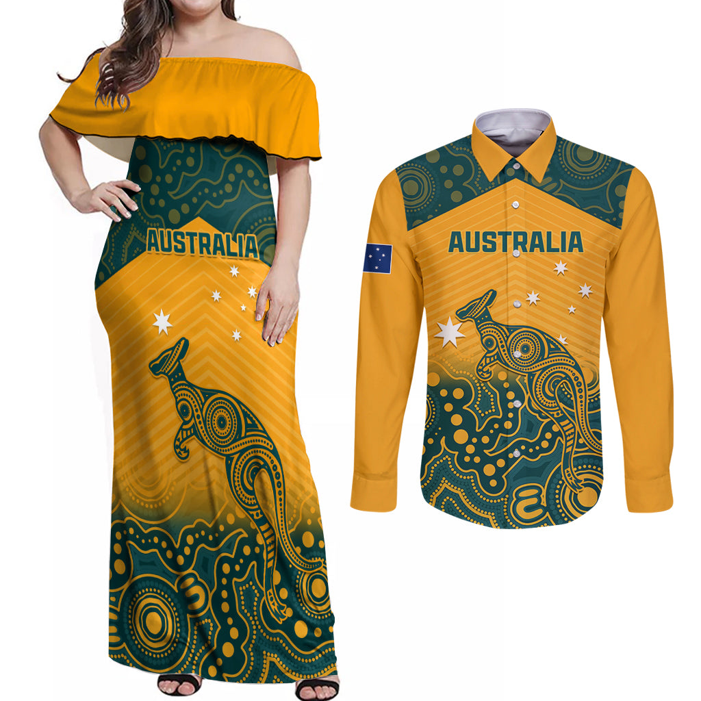 Australia Rugby Couples Matching Off Shoulder Maxi Dress and Long Sleeve Button Shirts Wallabies Aboriginal Pattern - Wonder Print Shop