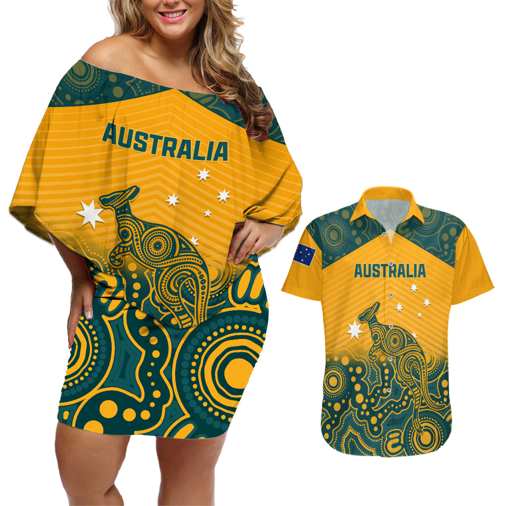 Australia Rugby Couples Matching Off Shoulder Short Dress and Hawaiian Shirt Wallabies Aboriginal Pattern - Wonder Print Shop