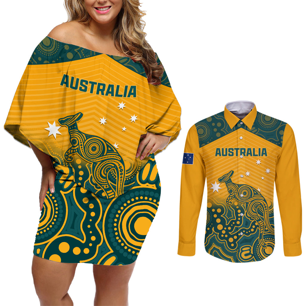 Australia Rugby Couples Matching Off Shoulder Short Dress and Long Sleeve Button Shirts Wallabies Aboriginal Pattern - Wonder Print Shop