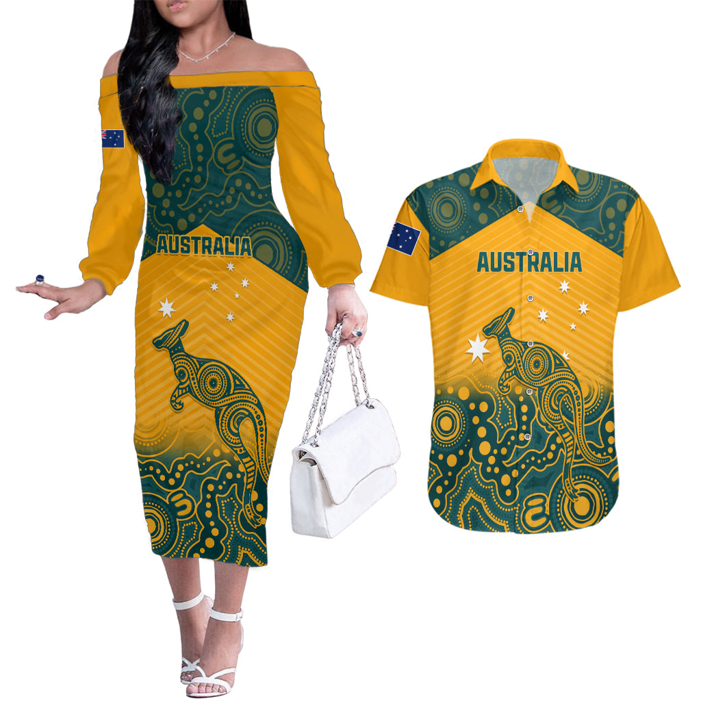 Australia Rugby Couples Matching Off The Shoulder Long Sleeve Dress and Hawaiian Shirt Wallabies Aboriginal Pattern - Wonder Print Shop