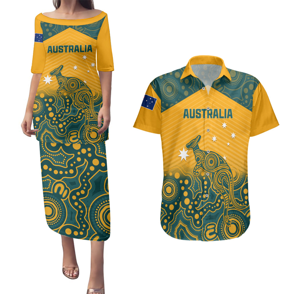 Australia Rugby Couples Matching Puletasi Dress and Hawaiian Shirt Wallabies Aboriginal Pattern - Wonder Print Shop