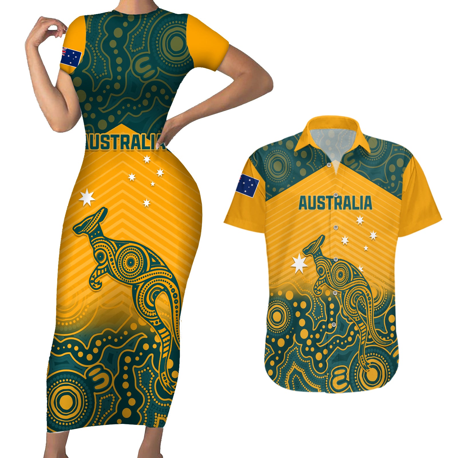 Australia Rugby Couples Matching Short Sleeve Bodycon Dress and Hawaiian Shirt Wallabies Aboriginal Pattern - Wonder Print Shop