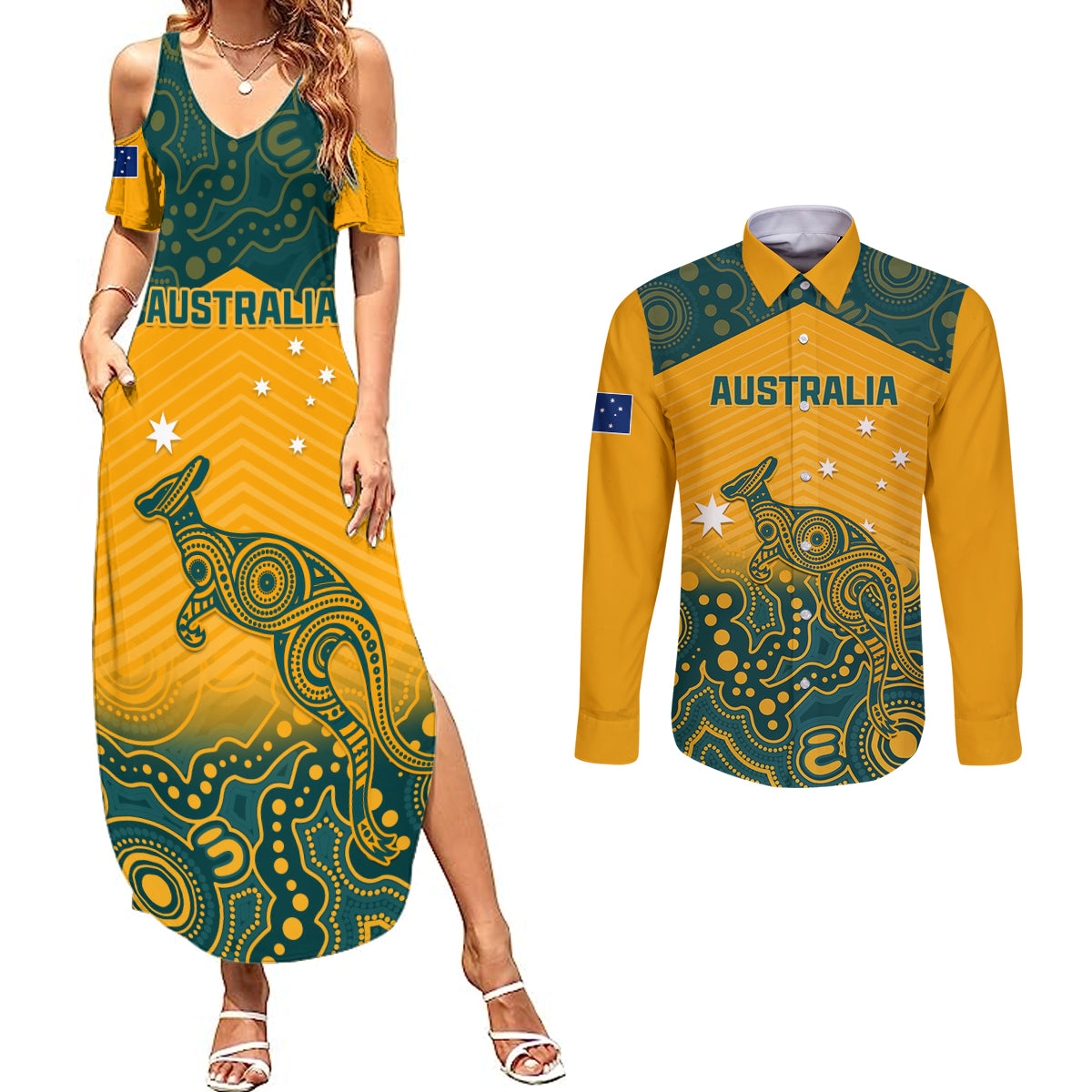 Australia Rugby Couples Matching Summer Maxi Dress and Long Sleeve Button Shirts Wallabies Aboriginal Pattern - Wonder Print Shop