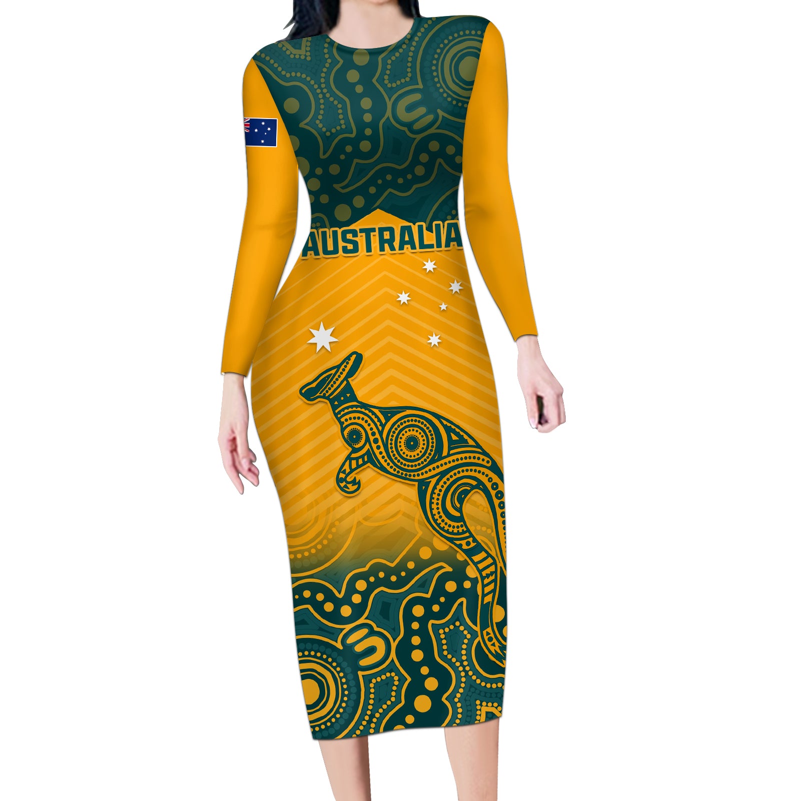 Australia Rugby Long Sleeve Bodycon Dress Wallabies Aboriginal Pattern - Wonder Print Shop