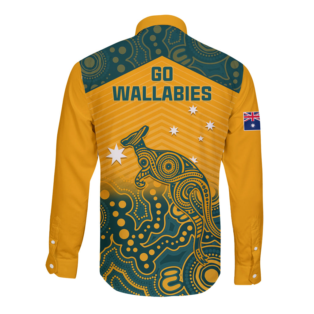 Yellow long-sleeve button rugby shirt, back print with Wallabies text and teal aboriginal pattern