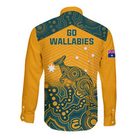 Yellow long-sleeve button rugby shirt, back print with Wallabies text and teal aboriginal pattern