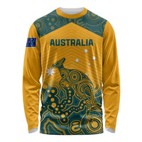 Yellow long-sleeve rugby shirt with teal Aboriginal pattern, Australia text and kangaroo