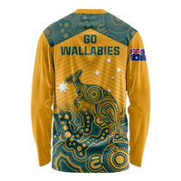 Yellow long-sleeve rugby shirt with teal Aboriginal pattern, Wallabies logo and kangaroo