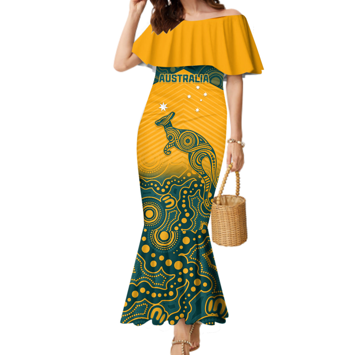 Australia Rugby Mermaid Dress Wallabies Aboriginal Pattern - Wonder Print Shop