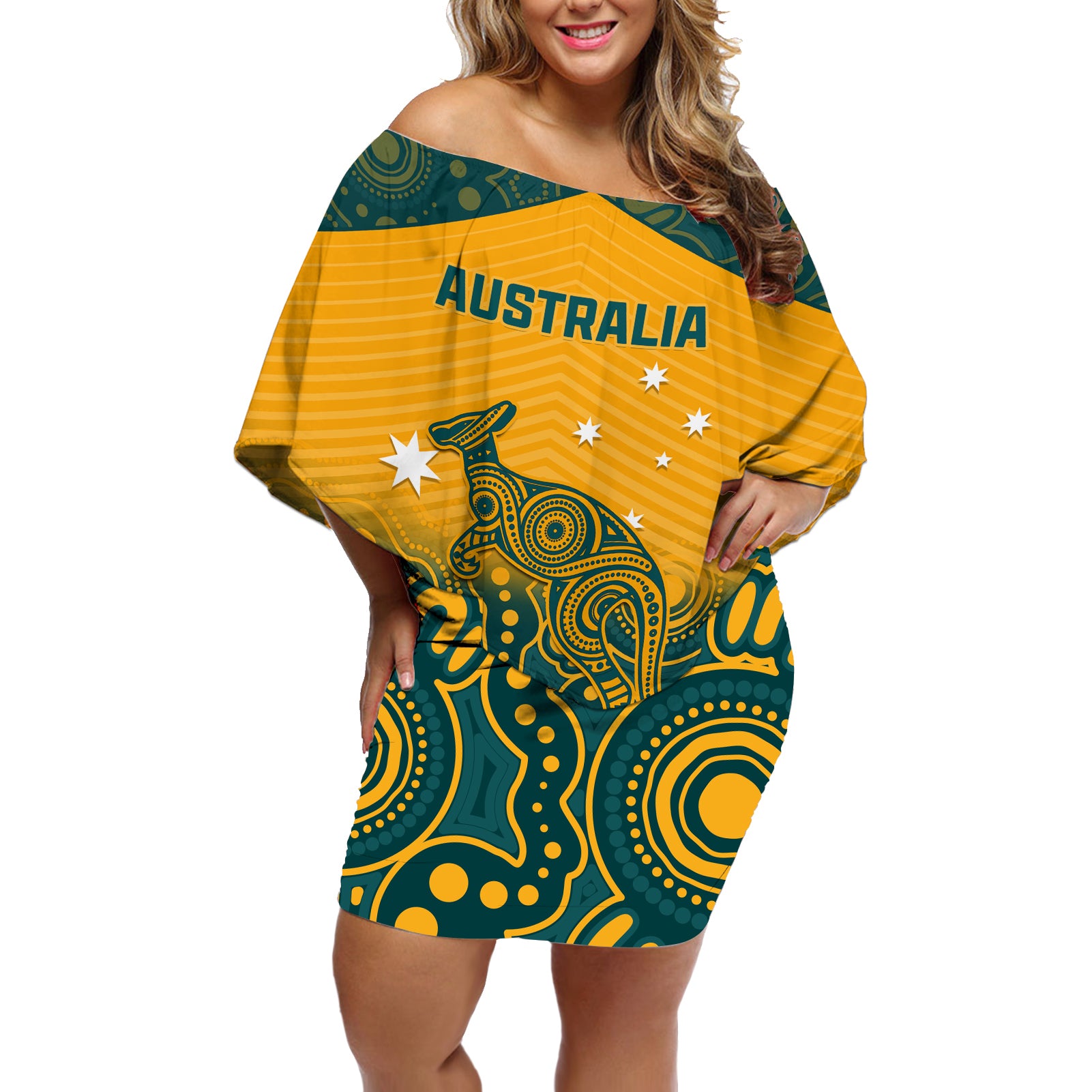 Australia Rugby Off Shoulder Short Dress Wallabies Aboriginal Pattern - Wonder Print Shop