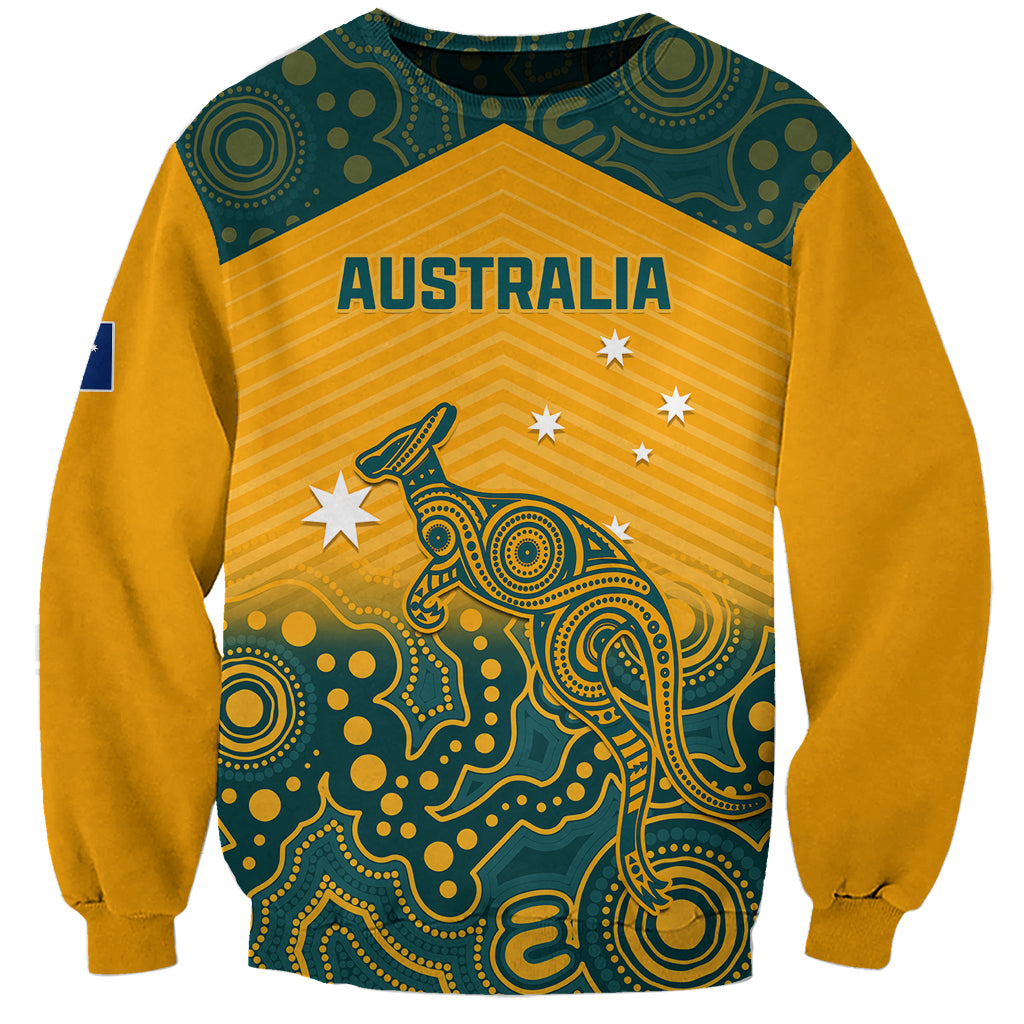 Yellow rugby sweatshirt with teal Aboriginal-style kangaroo and Australia graphic