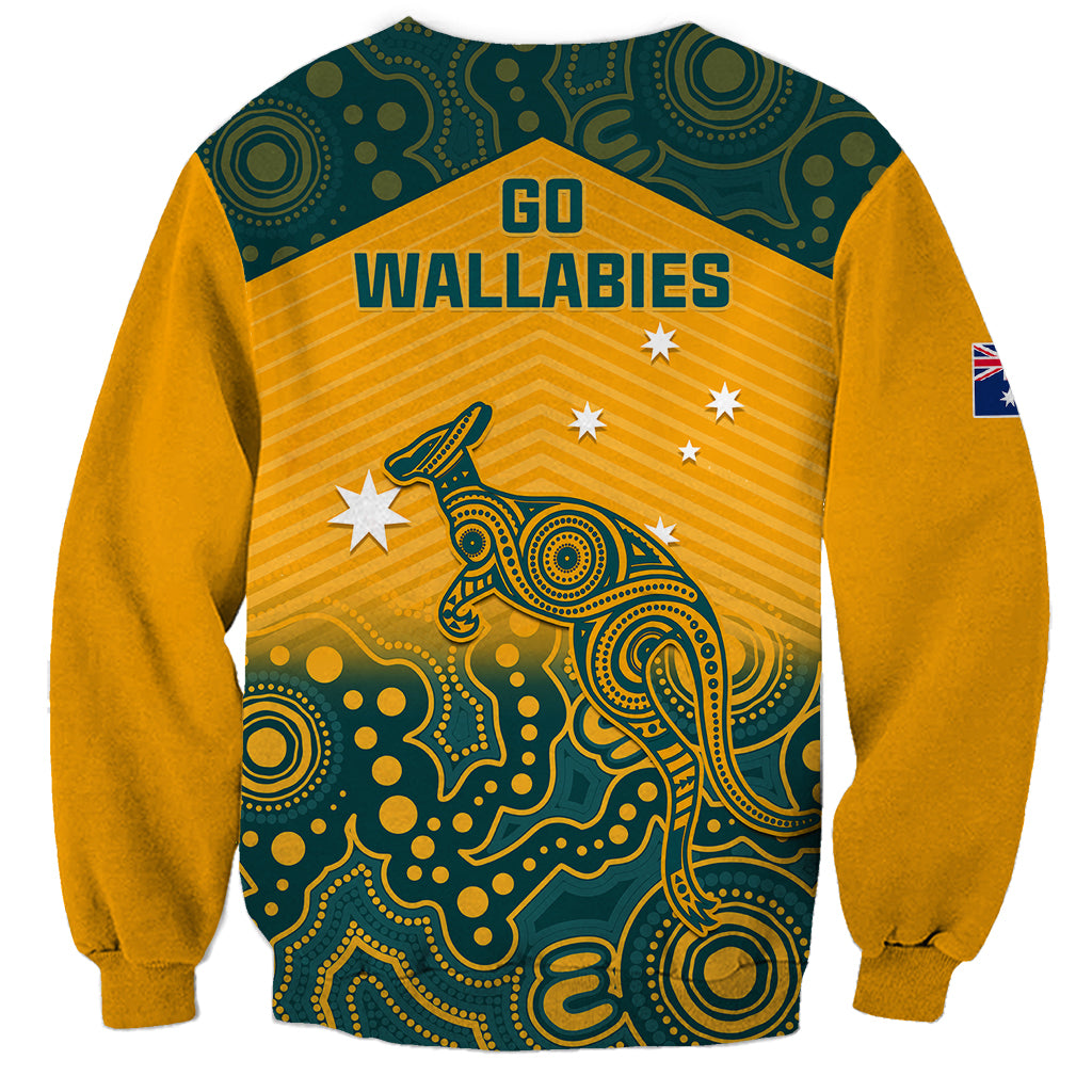 Yellow rugby sweatshirt with teal Aboriginal-style kangaroo and GO WALLABIES print