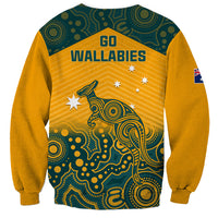 Yellow rugby sweatshirt with teal Aboriginal-style kangaroo and GO WALLABIES print