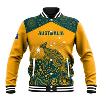 Yellow rugby baseball jacket with green Aboriginal wallaby graphic and striped rib collar