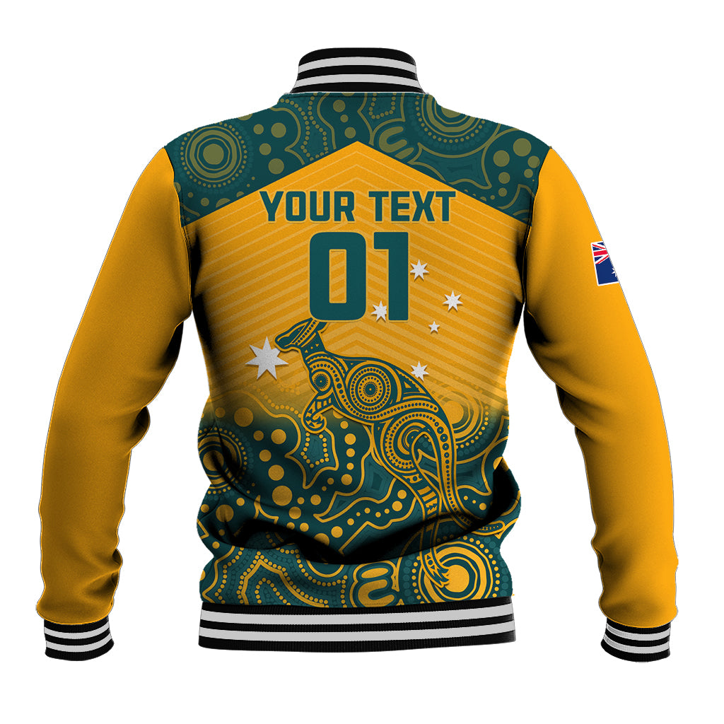 Yellow back rugby baseball jacket with green Aboriginal '01' graphic and striped rib hem