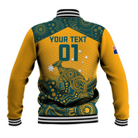Yellow back rugby baseball jacket with green Aboriginal '01' graphic and striped rib hem