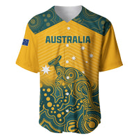 Yellow rugby baseball jersey with teal Aboriginal-style graphics and 'AUSTRALIA' text
