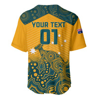 Yellow rugby jersey with teal Aboriginal pattern, 'YOUR TEXT 01' and flag patch