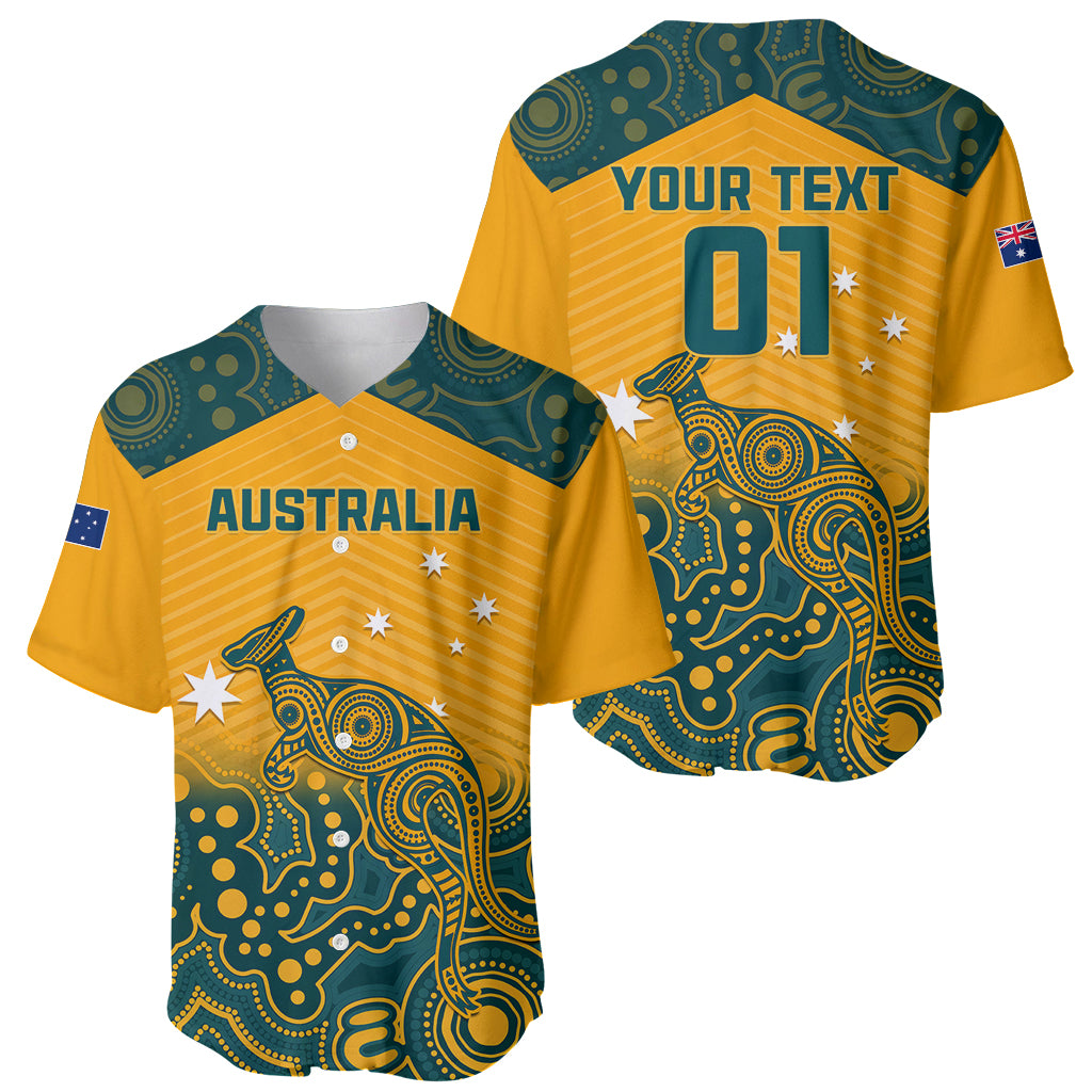Yellow rugby jersey with teal Aboriginal-style pattern, Australia text, flag patch