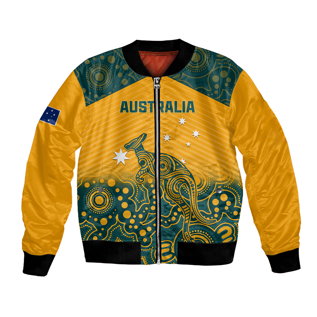 Yellow bomber jacket with zip front, teal Aboriginal pattern and Australia graphic