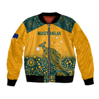 Yellow bomber jacket with zip front, teal Aboriginal pattern and Australia graphic