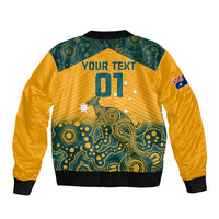 Yellow bomber jacket with zip front, teal Aboriginal pattern and YOUR TEXT 01