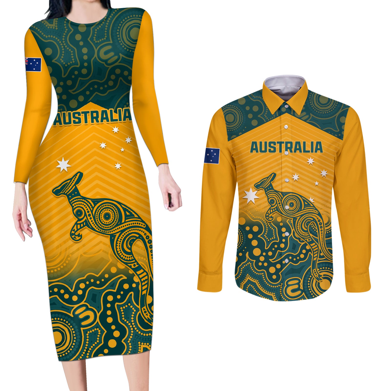 Custom Australia Rugby Couples Matching Long Sleeve Bodycon Dress and Long Sleeve Button Shirts Wallabies Aboriginal Pattern - Wonder Print Shop