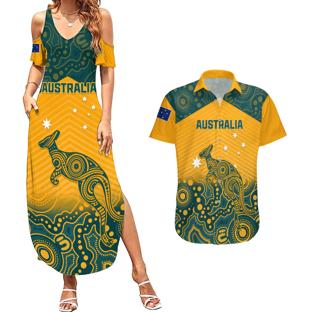 Custom Australia Rugby Couples Matching Summer Maxi Dress and Hawaiian Shirt Wallabies Aboriginal Pattern - Wonder Print Shop