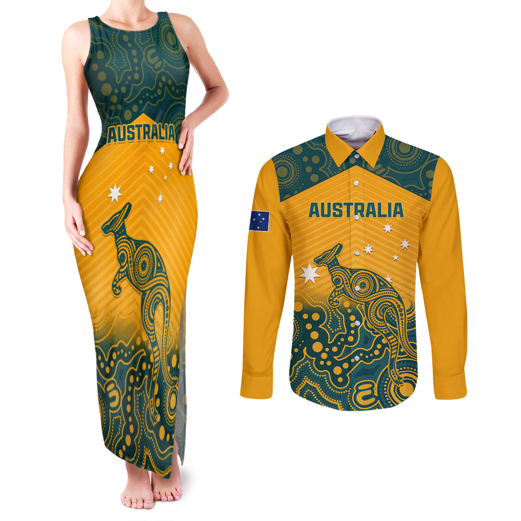 Custom Australia Rugby Couples Matching Tank Maxi Dress and Long Sleeve Button Shirts Wallabies Aboriginal Pattern - Wonder Print Shop