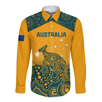 Yellow long-sleeve button rugby shirt with teal Aboriginal pattern and Australia graphic