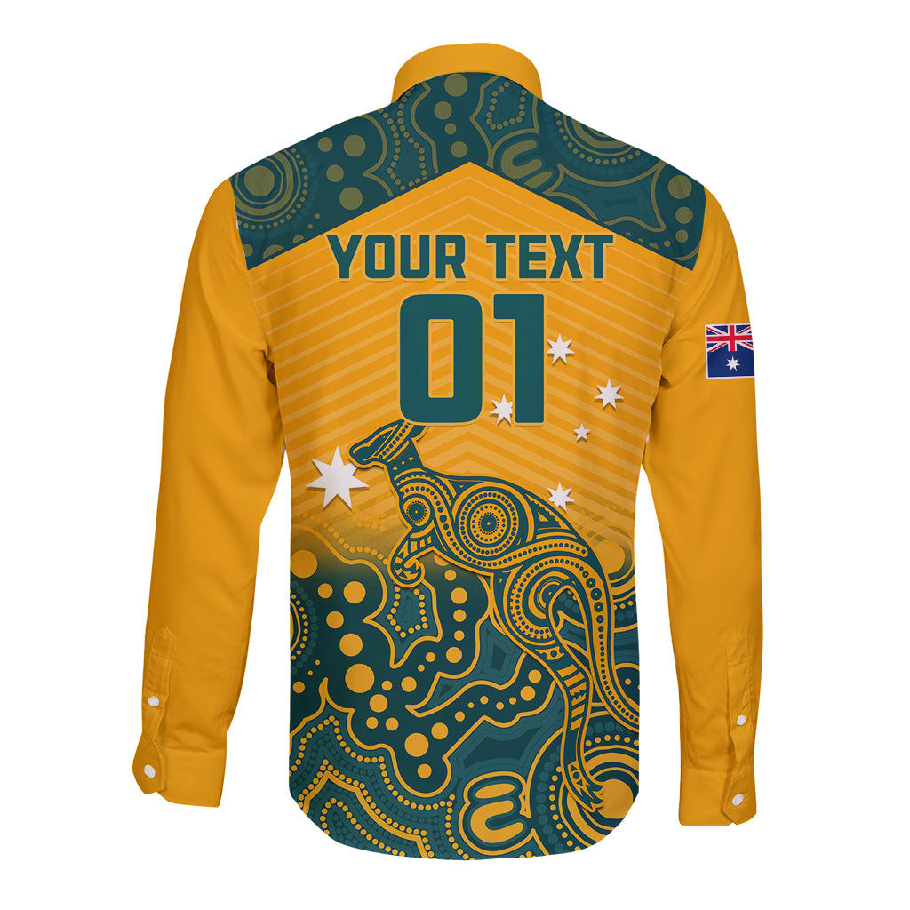 Yellow long-sleeve button rugby shirt with teal Aboriginal pattern, YOUR TEXT 01, back view