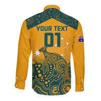 Yellow long-sleeve button rugby shirt with teal Aboriginal pattern, YOUR TEXT 01, back view