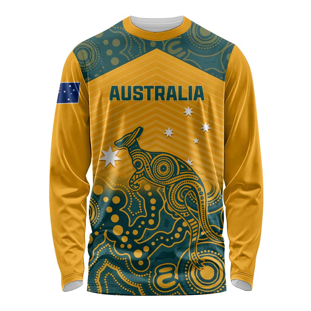 Yellow long-sleeve rugby shirt with Australia logo and Aboriginal kangaroo graphic
