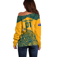 Yellow off-shoulder sweater back with 'YOUR TEXT 01' teal Aboriginal kangaroo
