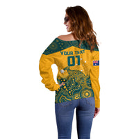 Yellow off-shoulder sweater back with 'YOUR TEXT 01' teal pattern and flag patch