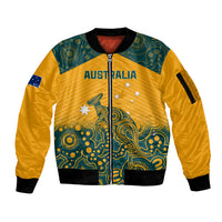 Yellow bomber jacket, zip front, teal Aboriginal pattern with Australia graphic