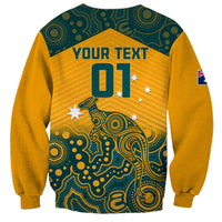 Yellow crewneck sweatshirt with green Aboriginal-style kangaroo, YOUR TEXT 01 print