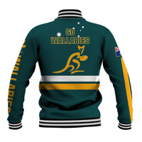 Dark green Australia rugby baseball jacket back with GO Wallabies text, kangaroo logo, stripes