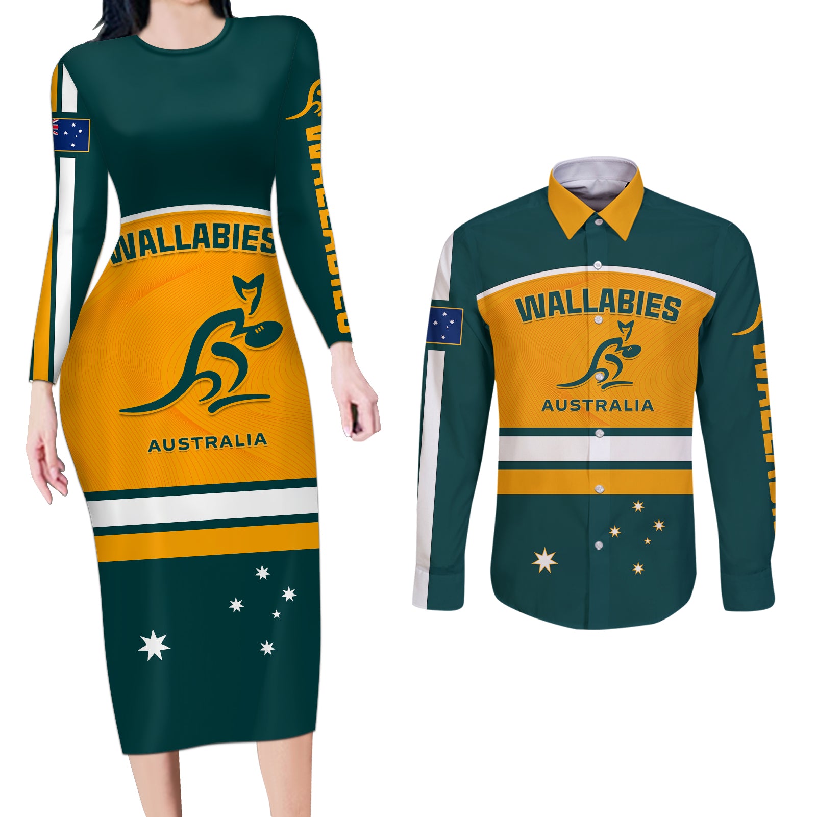 Australia Rugby Couples Matching Long Sleeve Bodycon Dress and Long Sleeve Button Shirts Wallabies Go 2023 World Cup - Wonder Print Shop