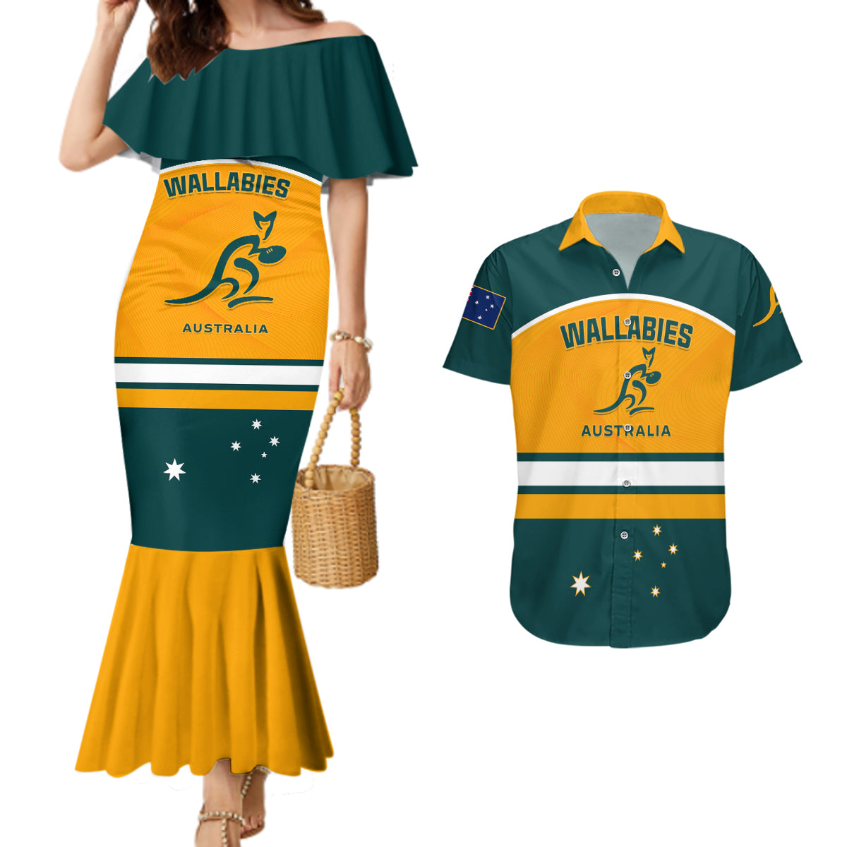 Australia Rugby Couples Matching Mermaid Dress and Hawaiian Shirt Wallabies Go 2023 World Cup - Wonder Print Shop