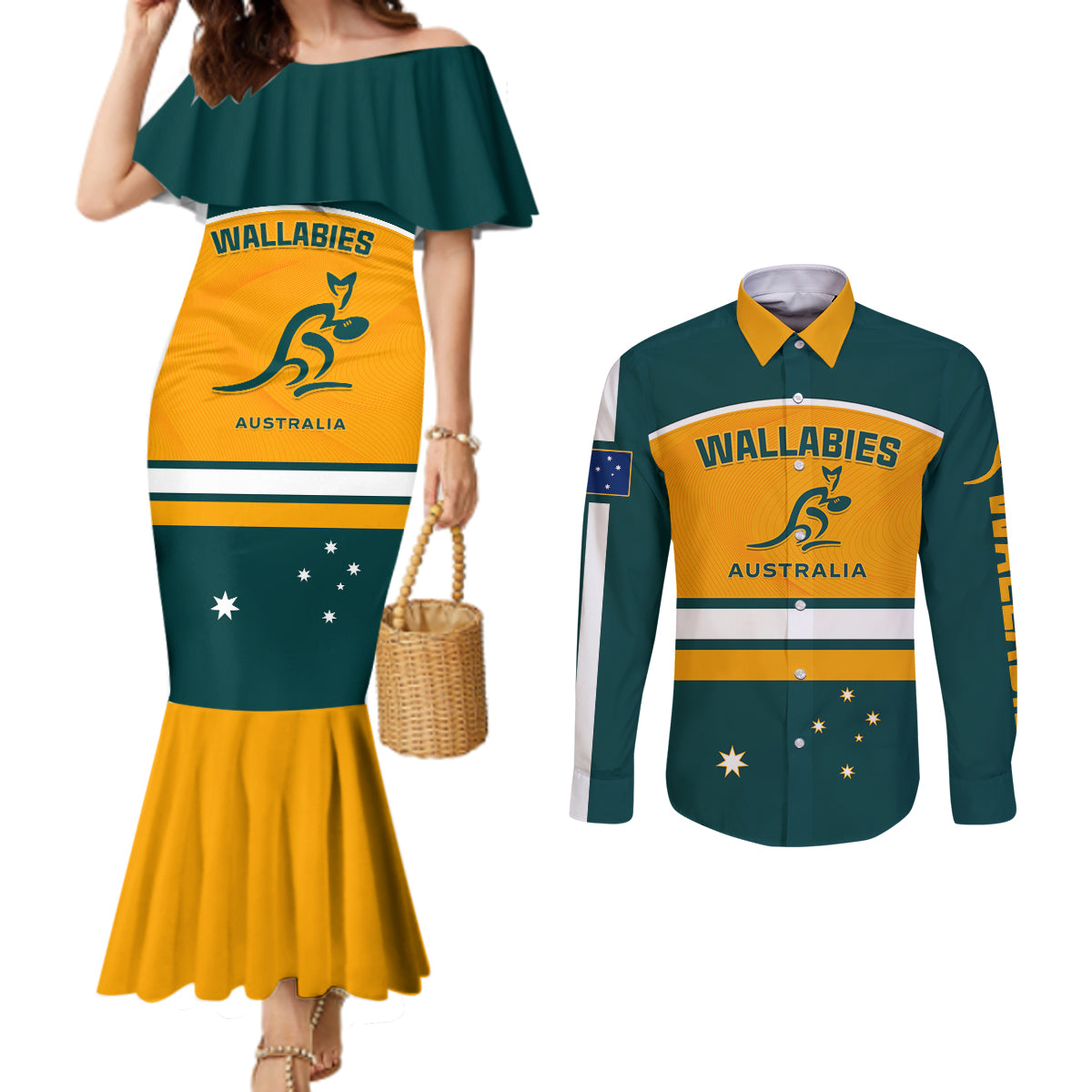 australia-rugby-couples-matching-mermaid-dress-and-long-sleeve-button-shirts-wallabies-go-2023-world-cup