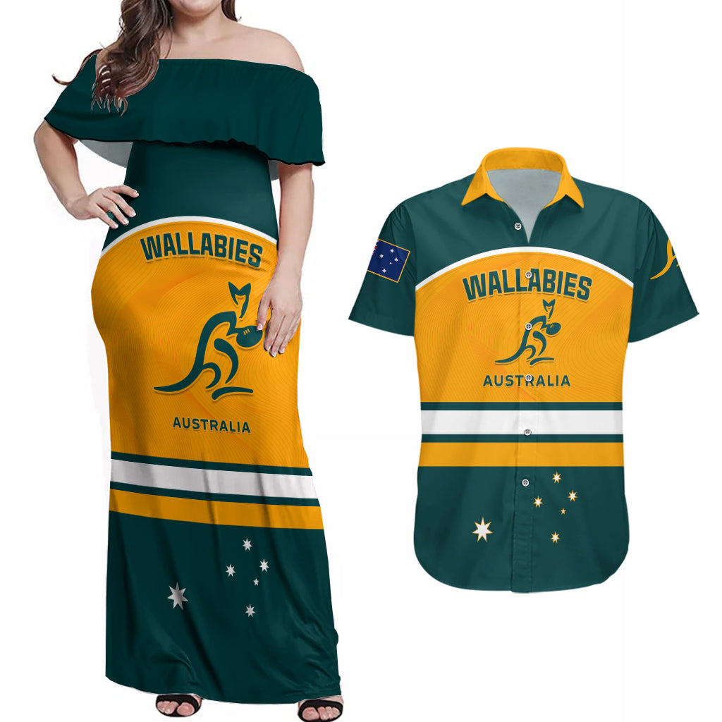 Australia Rugby Couples Matching Off Shoulder Maxi Dress and Hawaiian Shirt Wallabies Go 2023 World Cup - Wonder Print Shop