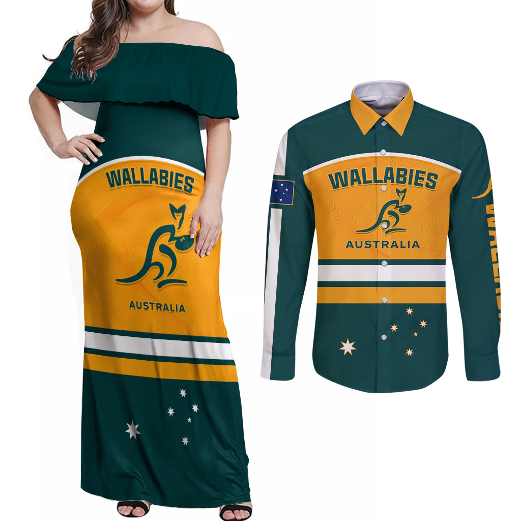 Australia Rugby Couples Matching Off Shoulder Maxi Dress and Long Sleeve Button Shirts Wallabies Go 2023 World Cup - Wonder Print Shop