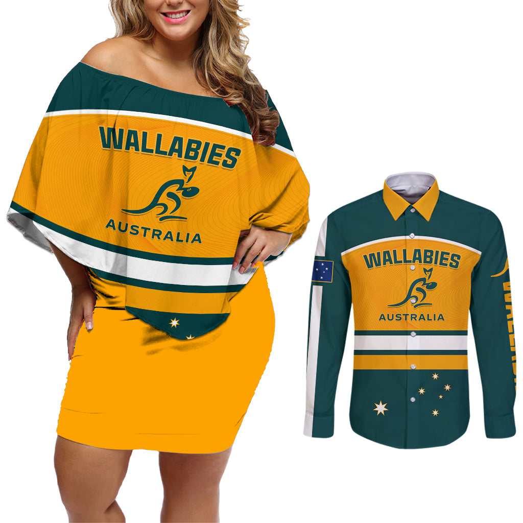 Australia Rugby Couples Matching Off Shoulder Short Dress and Long Sleeve Button Shirts Wallabies Go 2023 World Cup - Wonder Print Shop