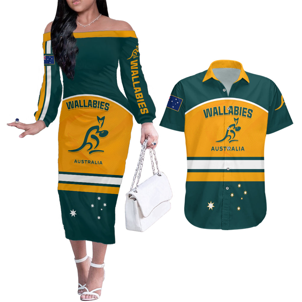 Australia Rugby Couples Matching Off The Shoulder Long Sleeve Dress and Hawaiian Shirt Wallabies Go 2023 World Cup - Wonder Print Shop